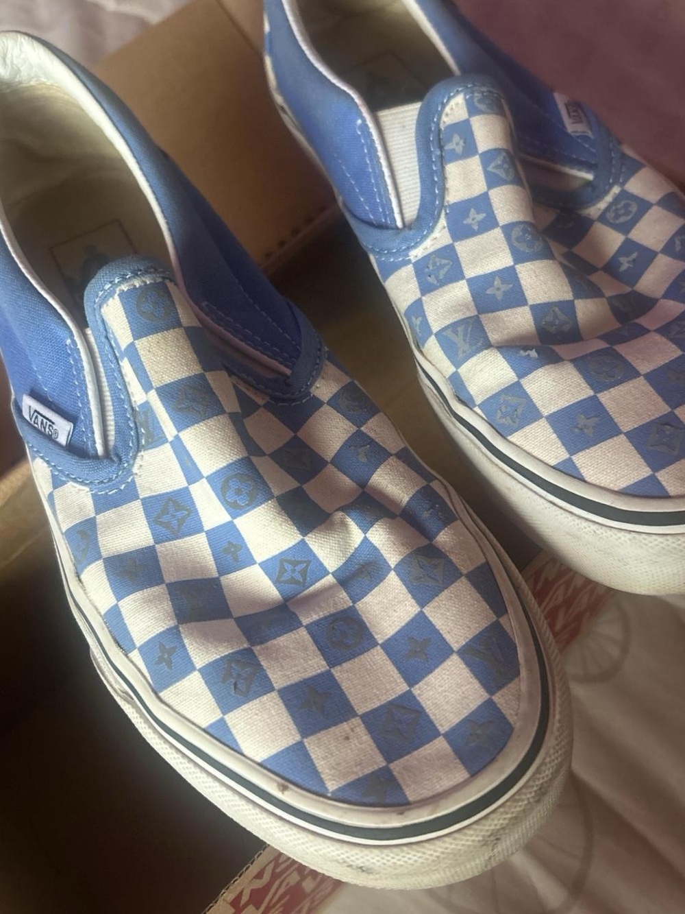 Vans Women Custom Classic LV Slip-On Checkerboard in Blue and White